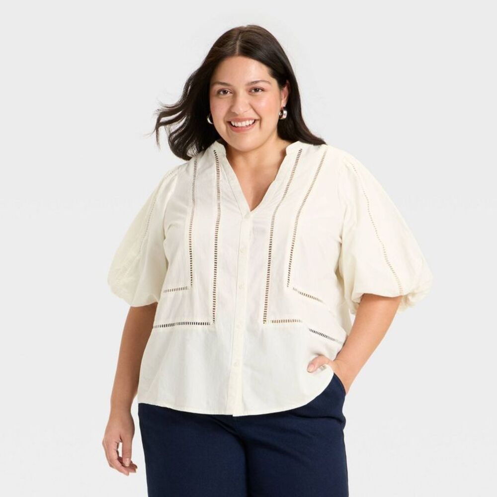 Women's Cream Puff-Sleeve Button Front Top